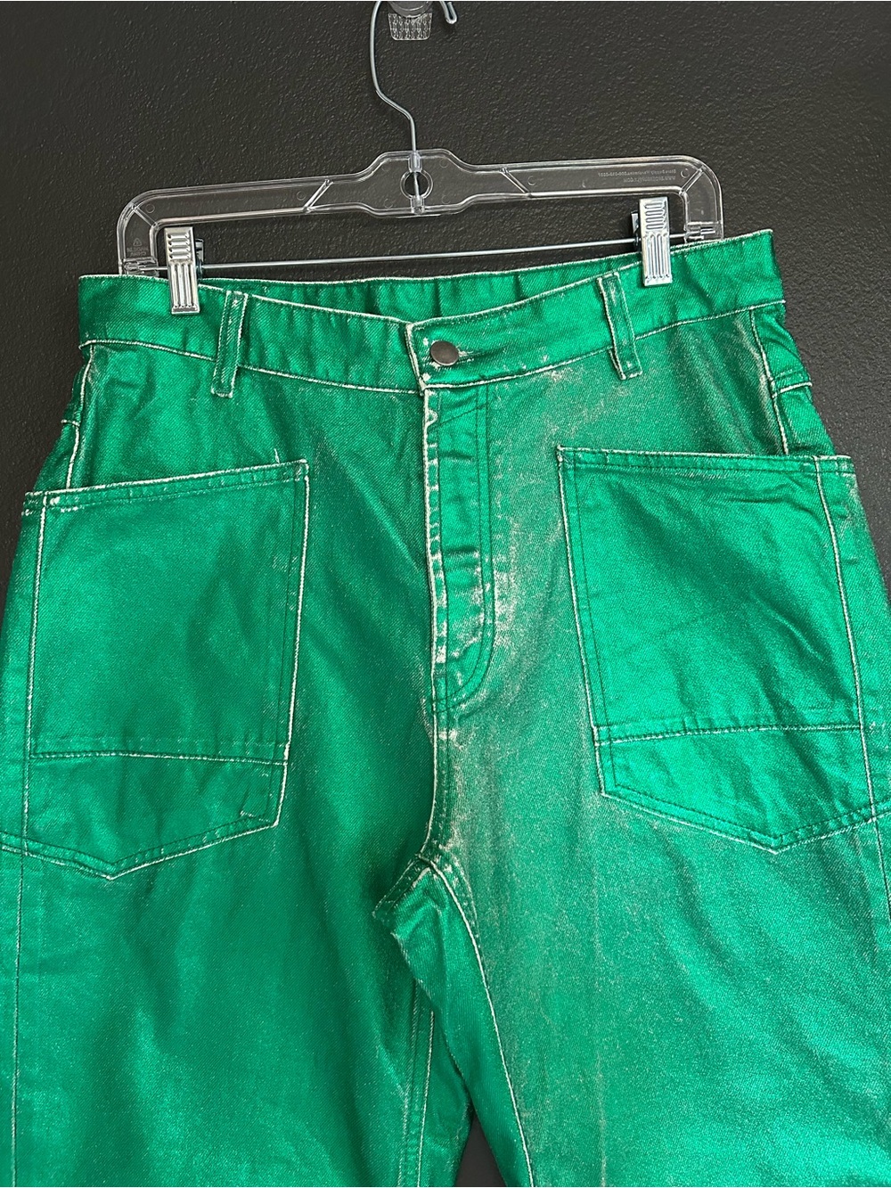 Free People Moxie Metallic Green Barrel Jeans Sample Factory Distressed NWOT 28 - Picture 5 of 15